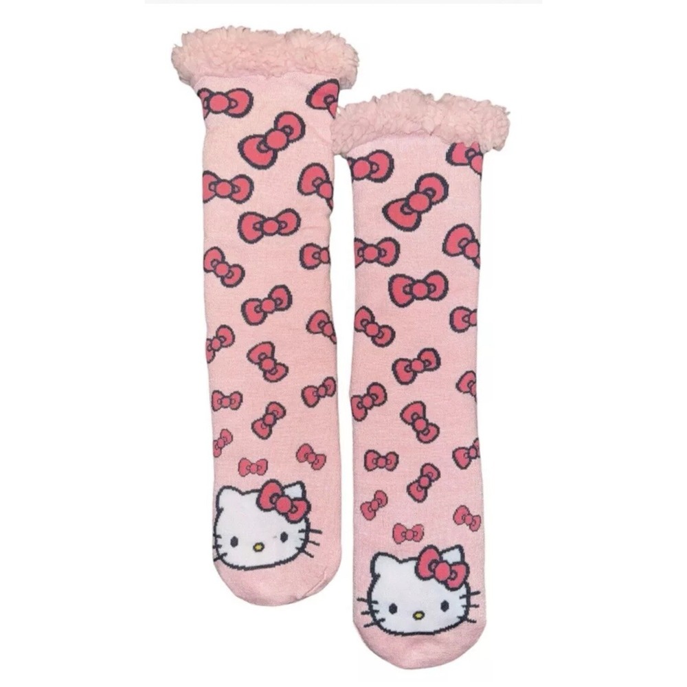 New SANRIO HELLO KITTY Ladies SHERPA SLIPPER SOCKS GRIPPER BOTTOM BOWS ALL OVER